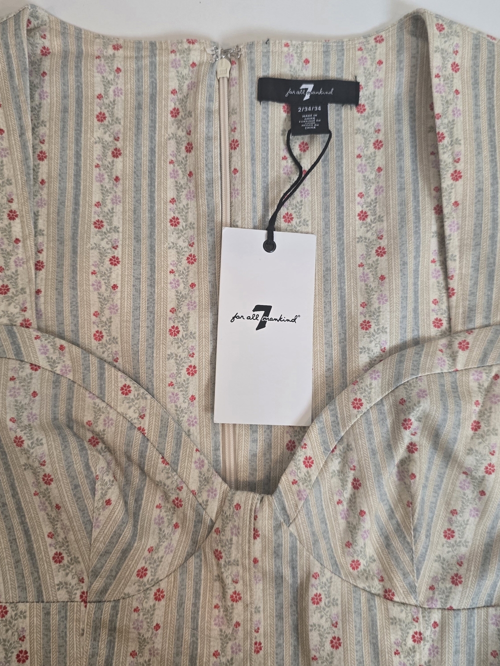 7 For All Mankind Cream Midi Dress with Pink Floral Stripe Accents - Picture 8 of 8